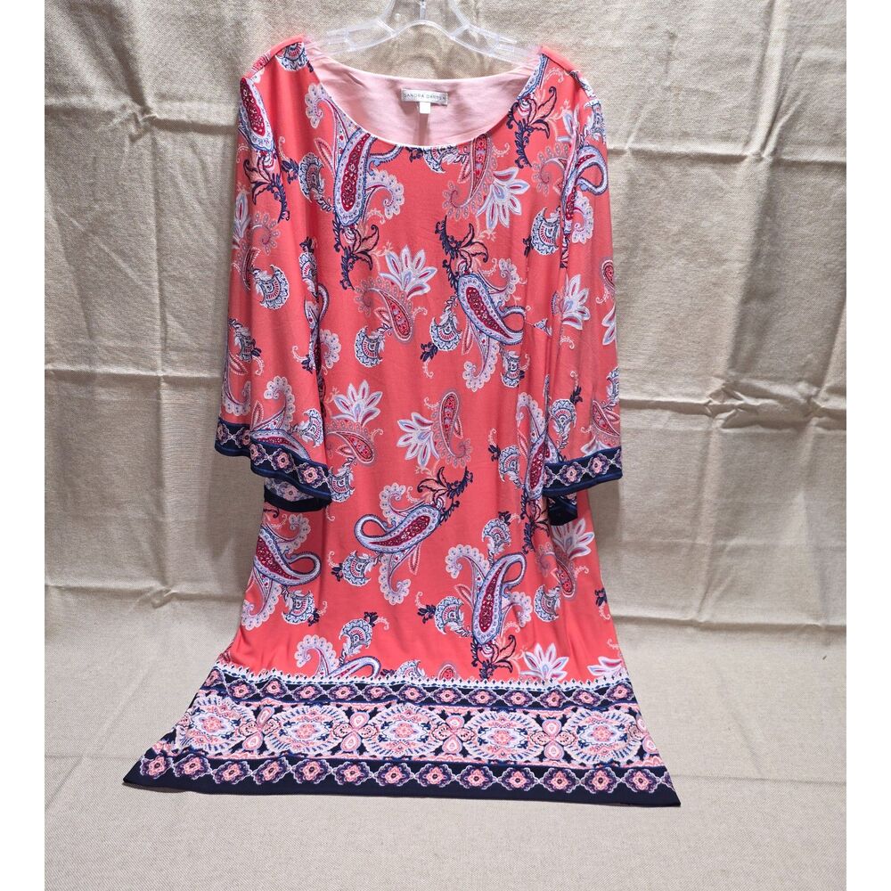 Sandra Darren 2XL Plus Coral Paisley Bell Sleeve Shift Dress Navy Accent Boho